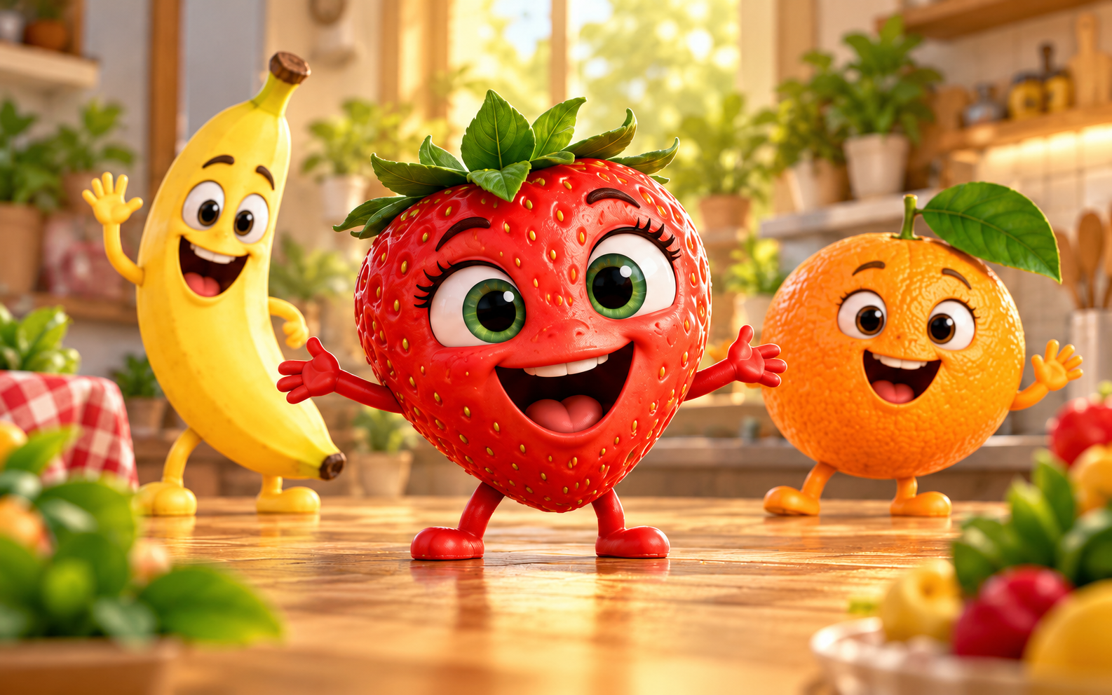 A cheerful strawberry, banana and orange on a sunny kitchen counter.
